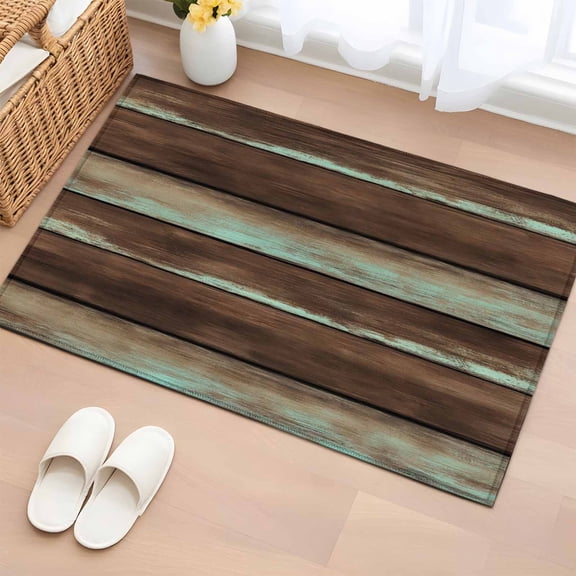 Entryway Rug 2'x3', Brown Teal Wooden Small Rug for Kitchen Bathroom Door Mat Indoor Entrance, Vintage Farmhouse Retro Art Non-Slip Area Rugs Floor Mats Carpet Front Door Rugs