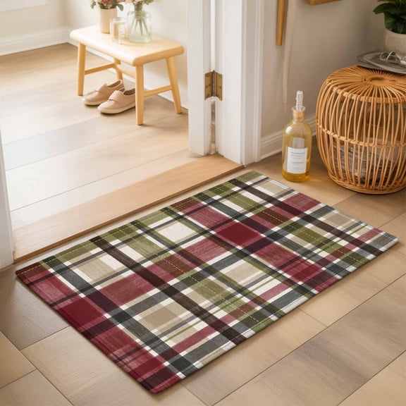 Entryway Rug 2'x3', Buffalo Check Kitchen Runner Rugs Non-Slip Carpet Mats, Red Green Farmhouse Plaid Vintage Autumn Bedside Rugs Runners Washable Floor Carpet for Bathroom Laundry Room