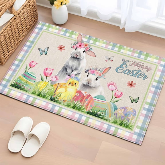 Entryway Rug 2'x3', Bunny Easter Small Rug for Kitchen Bathroom Door Mat Indoor Entrance, Spring Floral Eggs Animals Rustic Non-Slip Area Rugs Floor Mats Carpet Front Door Rugs