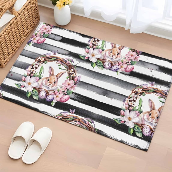 Entryway Rug 2'x3', Bunny Easter Small Rug for Kitchen Bathroom Door Mat Indoor Entrance, Spring Floral Eggs Farmhouse Striped Non-Slip Area Rugs Floor Mats Carpet Front Door Rugs
