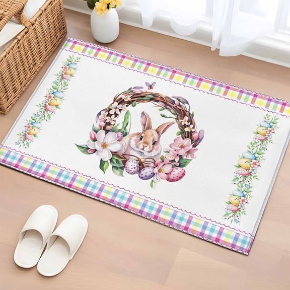 Entryway Rug 2'x3', Bunny Easter Small Rug for Kitchen Bathroom Door Mat Indoor Entrance, Spring Floral Eggs Pastoral Rabbit Non-Slip Area Rugs Floor Mats Carpet Front Door Rugs