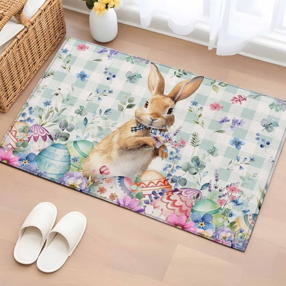 Entryway Rug 2'x3', Bunny Easter Small Rug for Kitchen Bathroom Door Mat Indoor Entrance, Spring Floral Rabbits Checkered Farmhouse Non-Slip Area Rugs Floor Mats Carpet Front Door Rugs