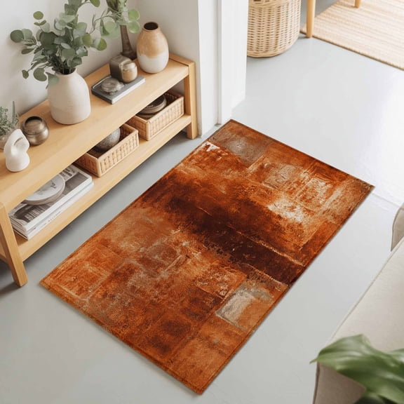 Entryway Rug 2'x3', Burnt Orange Kitchen Runner Rugs Non-Slip Carpet Mats, Retro Oil Painting Modern Abstract Art Aesthetics Bedside Rugs Runners Washable Floor Carpet for Bathroom Laundry Room