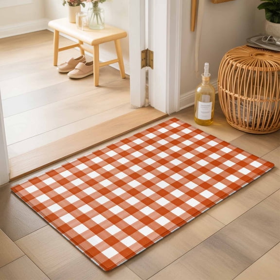 Entryway Rug 2'x3', Caramel Plaid Kitchen Runner Rugs Non-Slip Carpet Mats, Farmhouse Country Orange Buffalo Checkered Bedside Rugs Runners Washable Floor Carpet for Bathroom Laundry Room