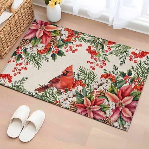 Entryway Rug 2'x3', Cardinal Bird Small Rug for Kitchen Bathroom Door Mat Indoor Entrance, Pine Cones Poinsettia Berry Floral Beige Non-Slip Area Rugs Floor Mats Carpet Front Door Rugs