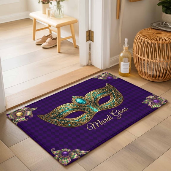Entryway Rug 2'x3', Carnival Kitchen Runner Rugs Non-Slip Carpet Mats, Modern Chic Mask Flower Purple Plaid Checkered Bedside Rugs Runners Washable Floor Carpet for Bathroom Laundry Room