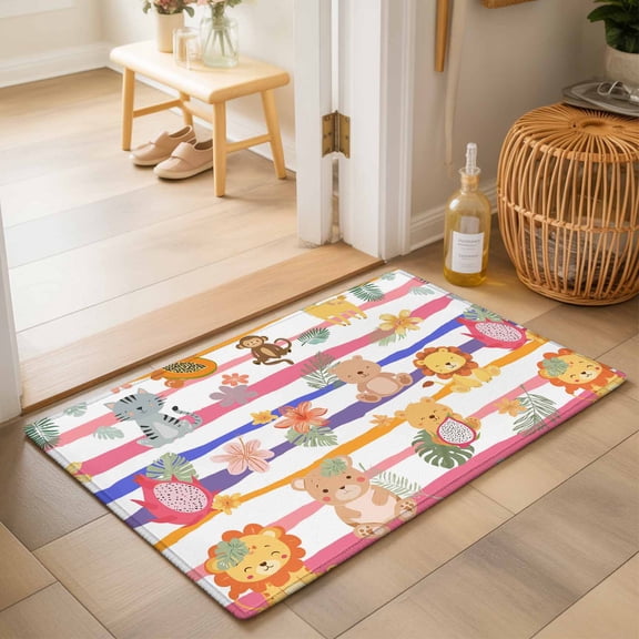 Entryway Rug 2'x3', Cartoon Animals Kitchen Runner Rugs Non-Slip Carpet Mats, Funny Lions Camels Tropical Plants Bedside Rugs Runners Washable Floor Carpet for Bathroom Laundry Room