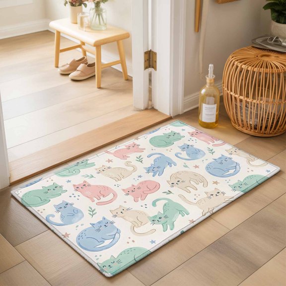 Entryway Rug 2'x3', Cartoon Cats Kitchen Runner Rugs Non-Slip Carpet Mats, Modern Cute Colorful Cats Animals Bedside Rugs Runners Washable Floor Carpet for Bathroom Laundry Room