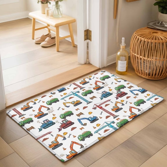 Entryway Rug 2'x3', Cartoon Construction Vehicle Kitchen Runner Rugs Non-Slip Carpet Mats, Modern Excavator Crane Bedside Rugs Runners Washable Floor Carpet for Bathroom Laundry Room
