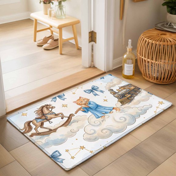 Entryway Rug 2'x3', Cartoon Cute Cat Kitchen Runner Rugs Non-Slip Carpet Mats, Blue Bow Knot Train Cloud Star Funny Bedside Rugs Runners Washable Floor Carpet for Bathroom Laundry Room