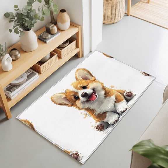 Entryway Rug 2'x3', Cartoon Cute Puppy Kitchen Runner Rugs Non-Slip Carpet Mats, Sitting Pet Dog Watercolor Bedside Rugs Runners Washable Floor Carpet for Bathroom Laundry Room