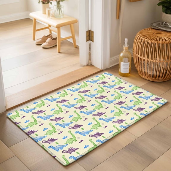 Entryway Rug 2'x3', Cartoon Dinosaur Kitchen Runner Rugs Non-Slip Carpet Mats, Watercolor Green Blue Dino Yellow Bedside Rugs Runners Washable Floor Carpet for Bathroom Laundry Room