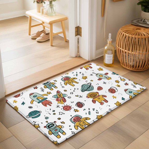 Entryway Rug 2'x3', Cartoon Space Kitchen Runner Rugs Non-Slip Carpet Mats, Funny Cute Rocket Star Planet Bedside Rugs Runners Washable Floor Carpet for Bathroom Laundry Room