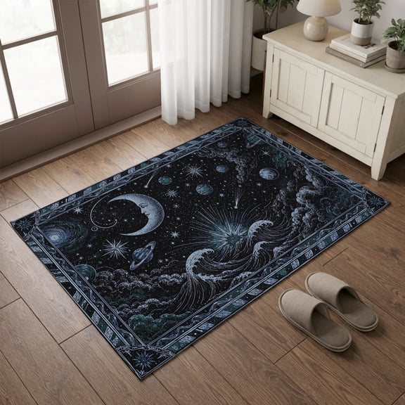 Entryway Rug 2'x3', Celestial Kitchen Runner Rugs Non-Slip Carpet Mats, Midnight Cosmic Beach Fantasy Moon Abstract Bedside Rugs Runners Washable Floor Carpet for Bathroom Laundry Room