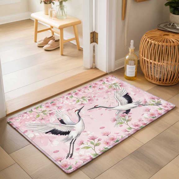 Entryway Rug 2'x3', Cherry Blossom Crane Kitchen Runner Rugs Non-Slip Carpet Mats, Pink Spring Modern Farmhouse Floral Bedside Rugs Runners Washable Floor Carpet for Bathroom Laundry Room