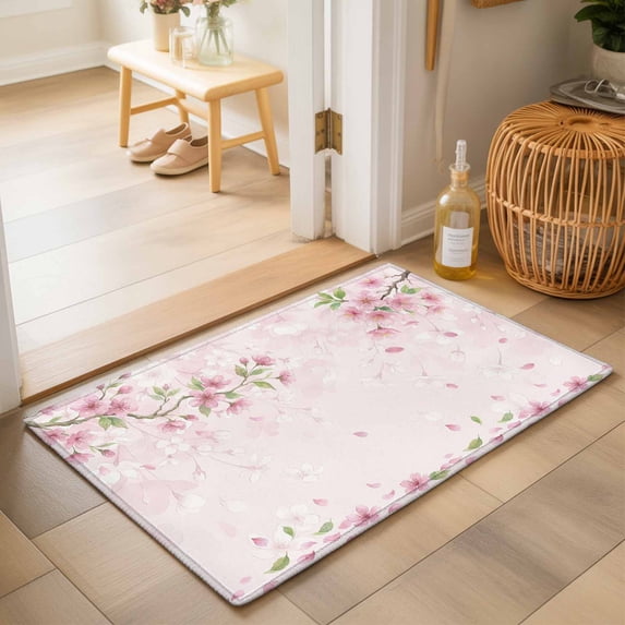 Entryway Rug 2'x3', Cherry Blossom Kitchen Runner Rugs Non-Slip Carpet Mats, Spring Farmhouse Botanical Flowers Bedside Rugs Runners Washable Floor Carpet for Bathroom Laundry Room
