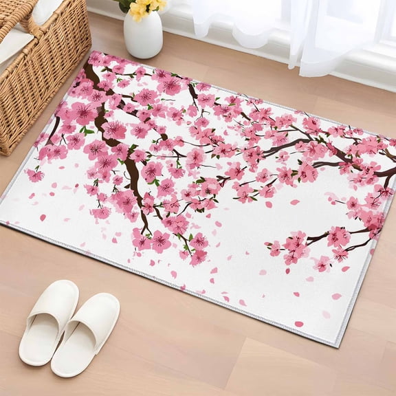 Entryway Rug 2'x3', Cherry Flower Small Rug for Kitchen Bathroom Door Mat Indoor Entrance, Spring Blossoms Pink Floral Branches Non-Slip Area Rugs Floor Mats Carpet Front Door Rugs