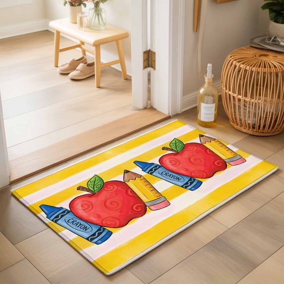 Entryway Rug 2'x3', Children's Day Kitchen Runner Rugs Non-Slip Carpet Mats, Funny Cartoon Pencil Yellow Striped Bedside Rugs Runners Washable Floor Carpet for Bathroom Laundry Room