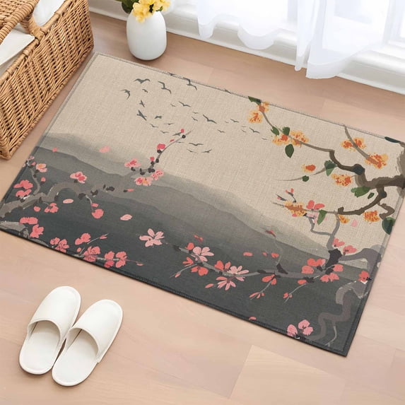 Entryway Rug 2'x3', Chinese Ink Painting Small Rug for Kitchen Bathroom Door Mat Indoor Entrance, Pink Peach Blossom Branches Non-Slip Area Rugs Floor Mats Carpet Front Door Rugs