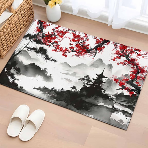 Entryway Rug 2'x3', Chinese Mountain Small Rug for Kitchen Bathroom Door Mat Indoor Entrance, Landscape Painting Red Plum Flowers Non-Slip Area Rugs Floor Mats Carpet Front Door Rugs