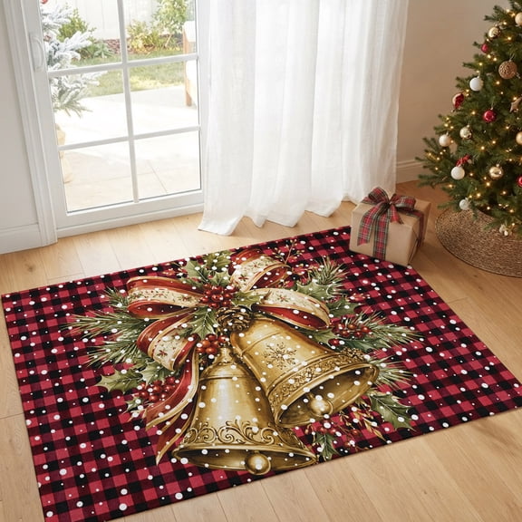 Entryway Rug 2'x3', Christmas Balls Small Rug for Kitchen Bathroom Door Mat Indoor Entrance, Xmas Snowflake Pine Needle Red Plaid Non-Slip Area Rugs Floor Mats Carpet Front Door Rugs