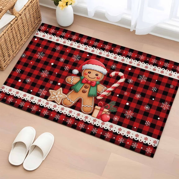 Entryway Rug 2'x3', Christmas Gingerbread Small Rug for Kitchen Bathroom Door Mat Indoor Entrance, Red Black Checkered Snowflake Non-Slip Area Rugs Floor Mats Carpet Front Door Rugs