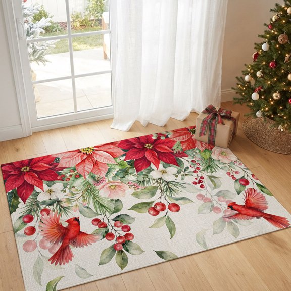 Entryway Rug 2'x3', Christmas Poinsettia Small Rug for Kitchen Bathroom Door Mat Indoor Entrance, Xmas Birds Botanical Red Floral Rustic Non-Slip Area Rugs Floor Mats Carpet Front Door Rugs