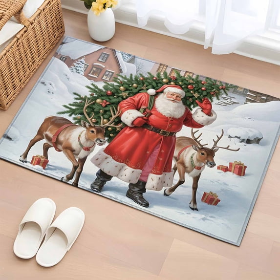 Entryway Rug 2'x3', Christmas Santa Small Rug for Kitchen Bathroom Door Mat Indoor Entrance, Winter Elk Xmas Tree Snowflake House Non-Slip Area Rugs Floor Mats Carpet Front Door Rugs