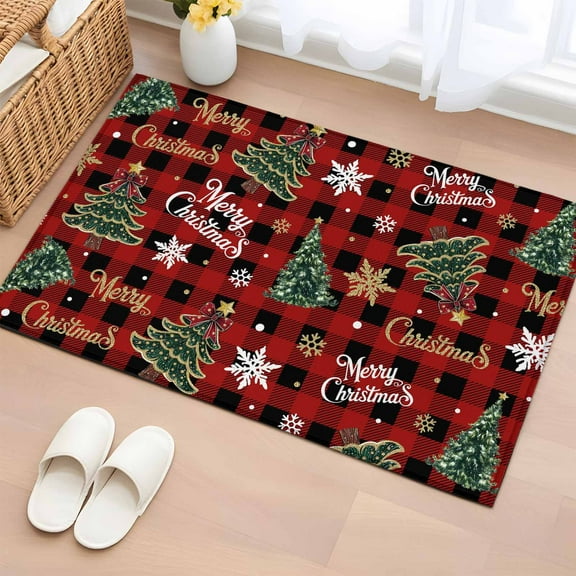 Entryway Rug 2'x3', Christmas Small Rug for Kitchen Bathroom Door Mat Indoor Entrance, Pine Tree Gold White Snowflake Red Black Plaid Non-Slip Area Rugs Floor Mats Carpet Front Door Rugs