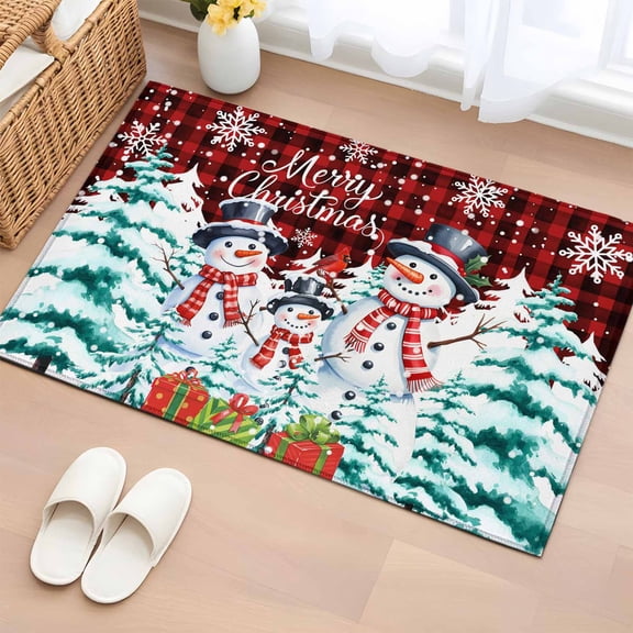 Entryway Rug 2'x3', Christmas Small Rug for Kitchen Bathroom Door Mat Indoor Entrance, Snowman Pine Trees Snowflakes Buffalo Plaid Non-Slip Area Rugs Floor Mats Carpet Front Door Rugs