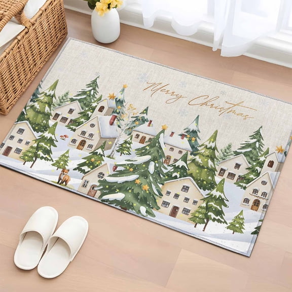 Entryway Rug 2'x3', Christmas Small Rug for Kitchen Bathroom Door Mat Indoor Entrance, Winter Xmas Trees Farmhouse Country Cabin on Linen Non-Slip Area Rugs Floor Mats Carpet Front Door Rugs