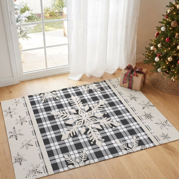 Entryway Rug 2'x3', Christmas Snowflake Small Rug for Kitchen Bathroom Door Mat Indoor Entrance, Black Plaid Xmas Winter Rustic Non-Slip Area Rugs Floor Mats Carpet Front Door Rugs