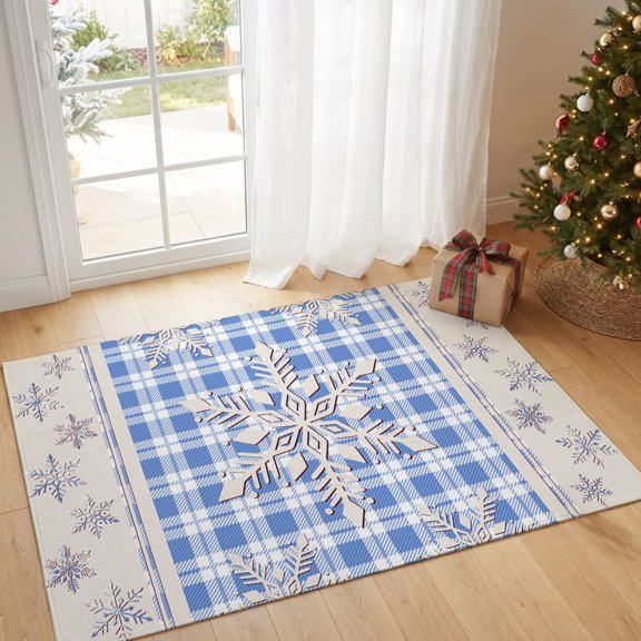 Entryway Rug 2'x3', Christmas Snowflake Small Rug for Kitchen Bathroom Door Mat Indoor Entrance, Blue Plaid Xmas Winter Rustic Non-Slip Area Rugs Floor Mats Carpet Front Door Rugs