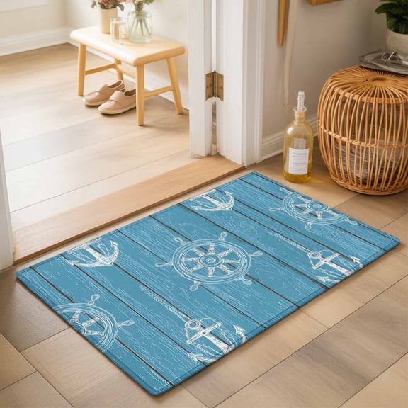 Entryway Rug 2'x3', Coastal Anchors Kitchen Runner Rugs Non-Slip Carpet Mats, Blue Nautical Ship Farmhouse Ocean Wood Bedside Rugs Runners Washable Floor Carpet for Bathroom Laundry Room