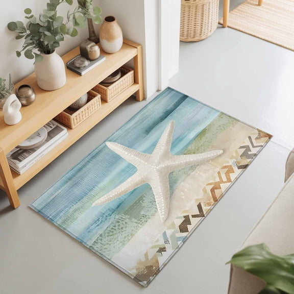 Entryway Rug 2'x3', Coastal Beach Kitchen Runner Rugs Non-Slip Carpet Mats, Summer Retro Starfish Wave Bedside Rugs Runners Washable Floor Carpet for Bathroom Laundry Room