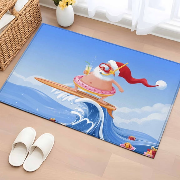 Entryway Rug 2'x3', Coastal Christmas Santa Small Rug for Kitchen Bathroom Door Mat Indoor Entrance, Ocean Beach Wave Nautical Surfing Non-Slip Area Rugs Floor Mats Carpet Front Door Rugs