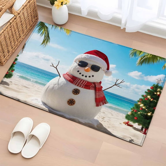 Entryway Rug 2'x3', Coastal Christmas Small Rug for Kitchen Bathroom Door Mat Indoor Entrance, Xmas Beach Snowman Ocean Holiday Non-Slip Area Rugs Floor Mats Carpet Front Door Rugs