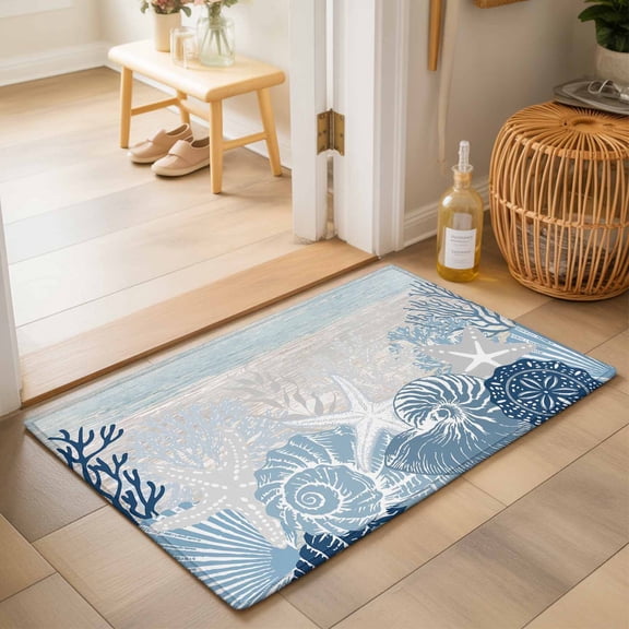 Entryway Rug 2'x3', Coastal Coral Kitchen Runner Rugs Non-Slip Carpet Mats, Ocean Starfish Beach Conch Mist Lake Blue Wood Bedside Rugs Runners Washable Floor Carpet for Bathroom Laundry Room