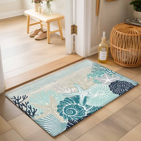 Entryway Rug 2'x3', Coastal Coral Kitchen Runner Rugs Non-Slip Carpet Mats, Ocean Starfish Beach Conch Turquoise Wood Bedside Rugs Runners Washable Floor Carpet for Bathroom Laundry Room