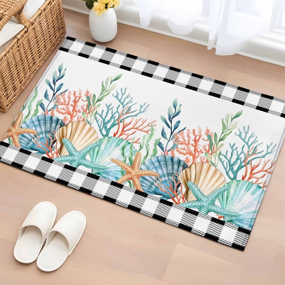 Entryway Rug 2'x3', Coastal Corals Shells Small Rug for Kitchen Bathroom Door Mat Indoor Entrance, Ocean Marine Life Sstarfish Black Plaid Non-Slip Area Rugs Floor Mats Carpet Front Door Rugs