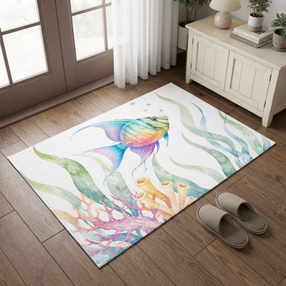 Entryway Rug 2'x3', Coastal Fish Kitchen Runner Rugs Non-Slip Carpet Mats, Ocean Nautical Seaweed Coral Marine Life Bedside Rugs Runners Washable Floor Carpet for Bathroom Laundry Room