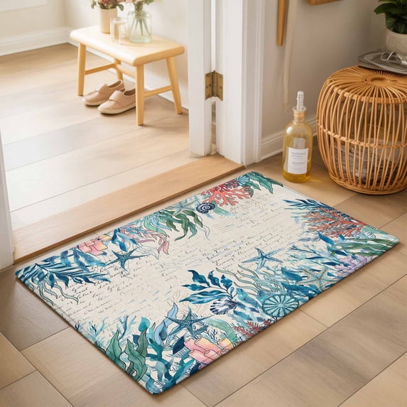 Entryway Rug 2'x3', Coastal Green Seaweed Kitchen Runner Rugs Non-Slip Carpet Mats, Summer Beach Coral Starfish Rustic Bedside Rugs Runners Washable Floor Carpet for Bathroom Laundry Room