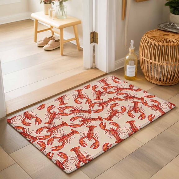 Entryway Rug 2'x3', Coastal Lobster Kitchen Runner Rugs Non-Slip Carpet Mats, Summer Beach Ocean Marinelifes Red Brown Bedside Rugs Runners Washable Floor Carpet for Bathroom Laundry Room