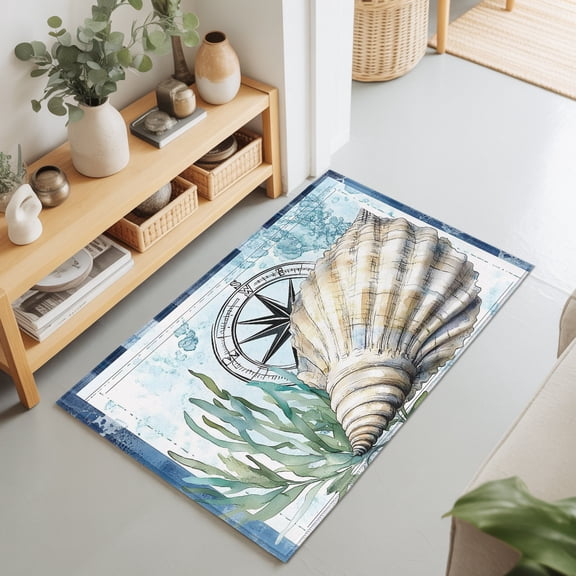Entryway Rug 2'x3', Coastal Ocean Kitchen Runner Rugs Non-Slip Carpet Mats, Summer Nautical Compass Shell Seaweed Bedside Rugs Runners Washable Floor Carpet for Bathroom Laundry Room
