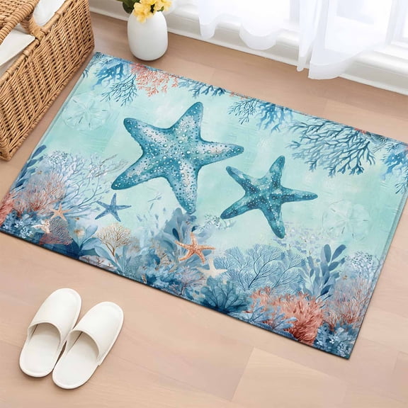 Entryway Rug 2'x3', Coastal Starfish Blue Small Rug for Kitchen Bathroom Door Mat Indoor Entrance, Summer Beach Nautical Coral Non-Slip Area Rugs Floor Mats Carpet Front Door Rugs