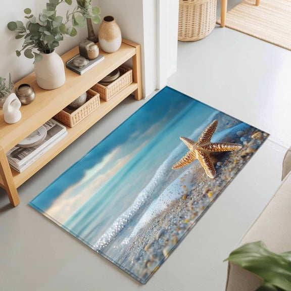 Entryway Rug 2'x3', Coastal Starfish Kitchen Runner Rugs Non-Slip Carpet Mats, Modern Beach Ocean Waves Blue Sky Bedside Rugs Runners Washable Floor Carpet for Bathroom Laundry Room