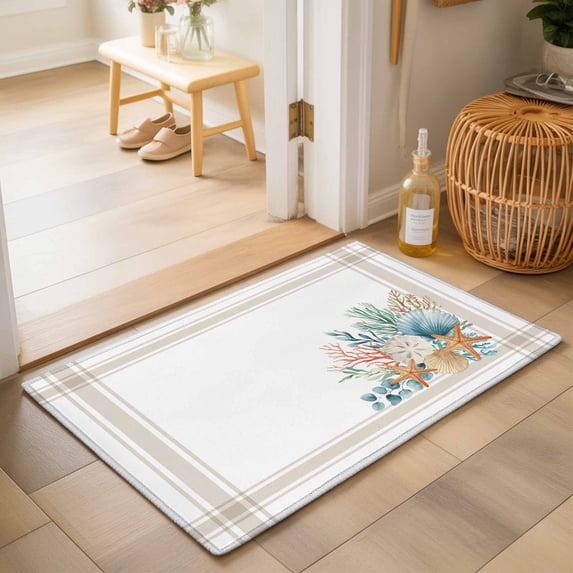 Entryway Rug 2'x3', Coastal Starfish Kitchen Runner Rugs Non-Slip Carpet Mats, Nautical Shells Coral Eucalyptus Stripes Bedside Rugs Runners Washable Floor Carpet for Bathroom Laundry Room