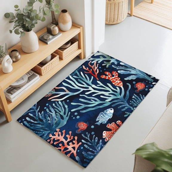 Entryway Rug 2'x3', Coastal Teal Red Coral Kitchen Runner Rugs Non-Slip Carpet Mats, Summer Watercolor Ocean Fish Bedside Rugs Runners Washable Floor Carpet for Bathroom Laundry Room