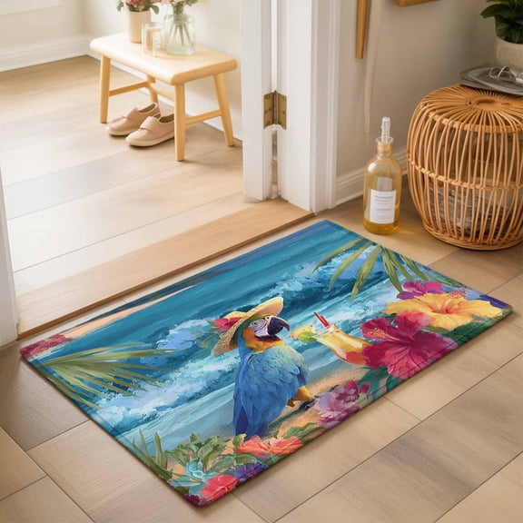 Entryway Rug 2'x3', Coastal Tropical Kitchen Runner Rugs Non-Slip Carpet Mats, Summer Oil Painting Parrots Palm Leaves Bedside Rugs Runners Washable Floor Carpet for Bathroom Laundry Room