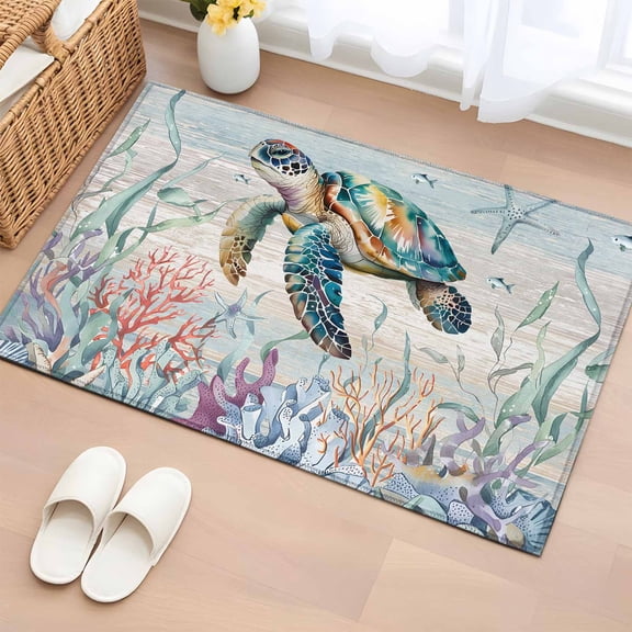 Entryway Rug 2'x3', Coastal Turtle Small Rug for Kitchen Bathroom Door Mat Indoor Entrance, Nautical Beach Sea Ocean Coral Vintage Non-Slip Area Rugs Floor Mats Carpet Front Door Rugs